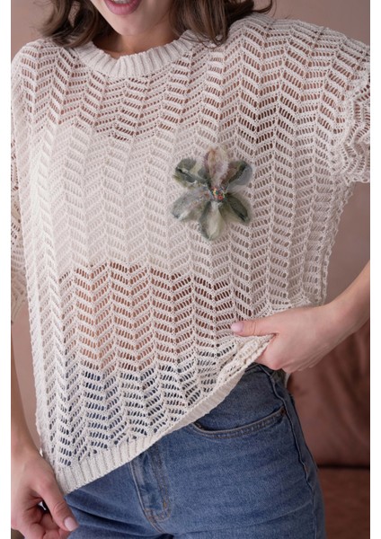 Bisiklet Yaka Aplikeli Ajurlu Salaş Triko Bluz fiyatları