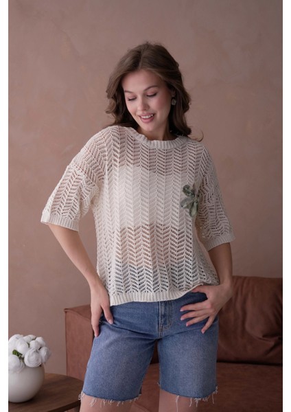 Bisiklet Yaka Aplikeli Ajurlu Salaş Triko Bluz modelleri