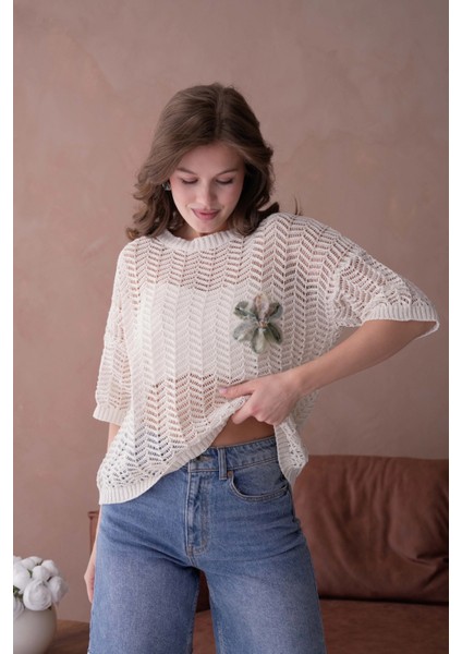 Bisiklet Yaka Aplikeli Ajurlu Salaş Triko Bluz fırsatları