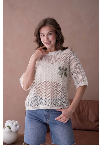 Bisiklet Yaka Aplikeli Ajurlu Salaş Triko Bluz indirimleri