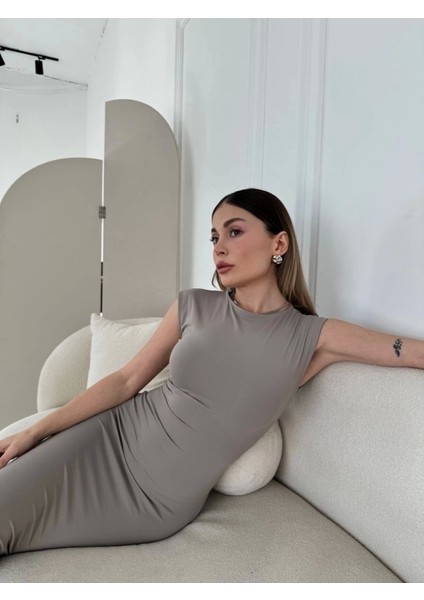 my Kolsuz Uzun Likralı Elbise - Gri