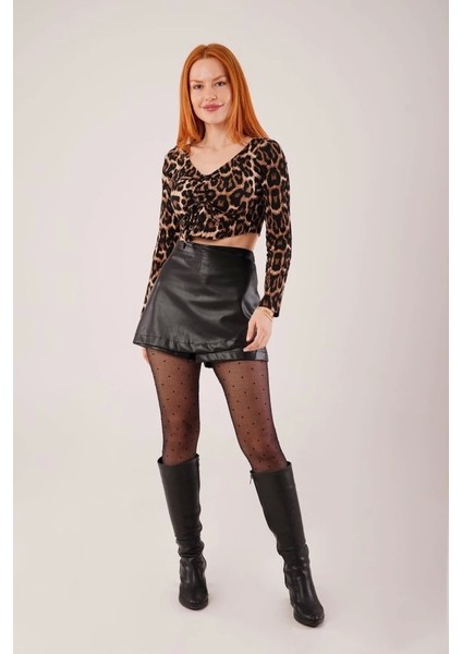my Leopar Desen Önü Büzgülü Basic Bluz