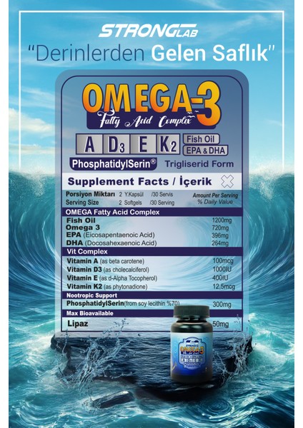 - Premium Omega-3 Balık Yağı 1200 Mg(EPA/DHA) D3,k2, Vitamin,fosfatidilserin, 60 Kapsül