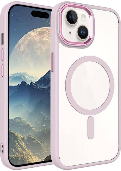 iPhone 15 Uyumlu Wireless Şarj Özellikli Zore Krom Magsafe Silikon Kapak-Pembe AÇIK-8680436711347-TA