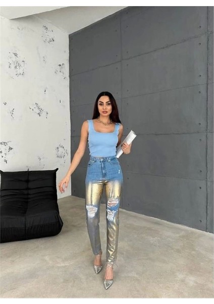 Diz Yırtık Varaklı Mom Kot Pantolon - Gold