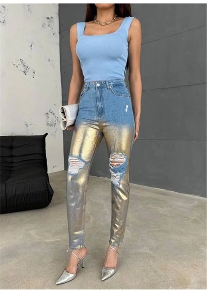 Diz Yırtık Varaklı Mom Kot Pantolon - Gold