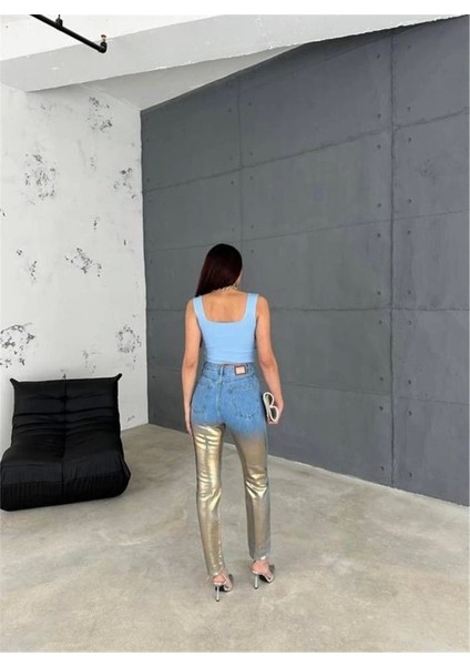 Diz Yırtık Varaklı Mom Kot Pantolon - Gold