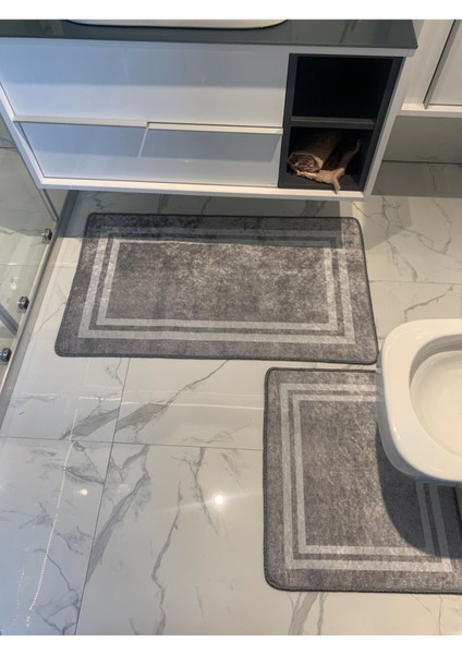 İki Parça Kaymaz Tabanlı Yumuşak Banyo Paspas Takımı, Gri, 60x100 ve 60x50 fırsatları