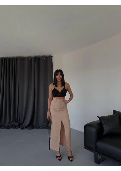 Gabardin Uzun Önden Yırtmaçlı Etek - Kahverengi