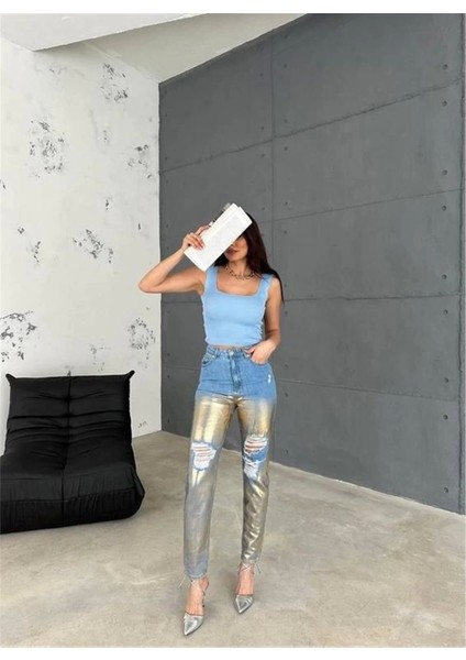 Diz Yırtık Varaklı Mom Kot Pantolon - Gold