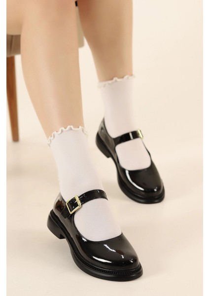 Kadın Siyah Rugan Mary Jane Klasik Ayakkabı Balerin Babet Loafer Makosen Günlük Casual Ayakkabı