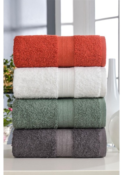 Yumuşak 4'lü havlu seti, 50x90 cm, yeşil ve kiremit renk, pamuklu, şık ve konforlu kullanım