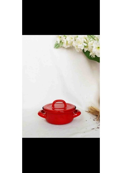 Kırmızı Çilli Mini Emaye Tencere 500 ml 13,5 cm Çap Mama Artan Yemek Çorba Tenceresi