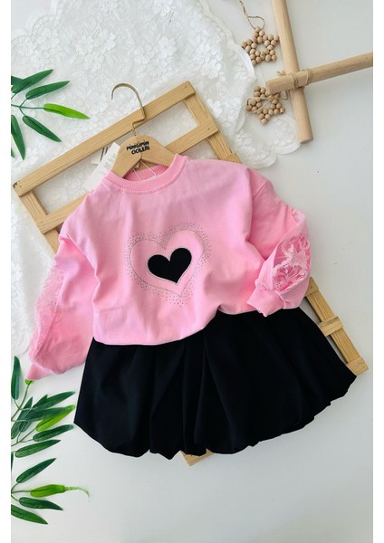 Kalp Taş Detaylı Balon Etekli Kız Çocuk 2 li takım - Pembe