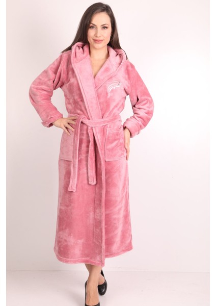 Kadın Kapşonlu Nakışlı Pembe Bambu Sabahlık, Rahat ve Şık Tasarım