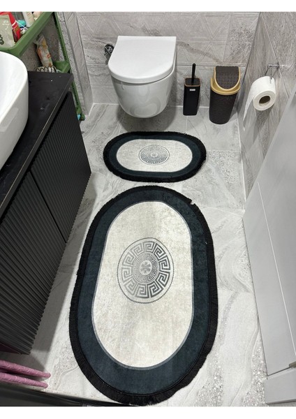 Oval Banyo Paspası, Polyester, 60x100, Kaymaz Taban, Siyah-Gri Renk