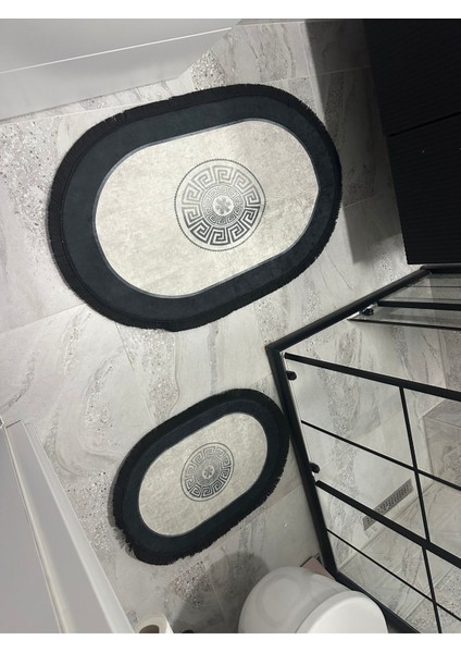 Oval Banyo Paspası, Polyester, 60x100, Kaymaz Taban, Siyah-Gri Renk fiyatları