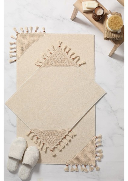 Dantelli Kaydırmaz Banyo Paspas Takımı 2'li, Bej, 60x100, İnce Hav, Kaymaz Taban