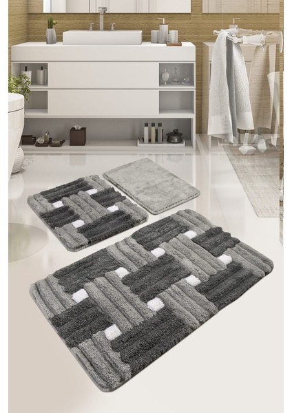 Pıazza Gri 3'lü Set Klozet Takımı Banyo Paspas Seti Halısı Akrilik