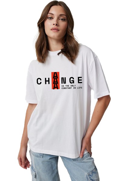 Beyaz Oversize Kalıp Baskılı Unisex T-Shirt