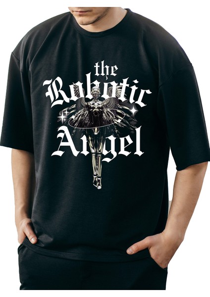 Siyah Oversize Kalıp Angel Baskılı Unisex T-Shirt