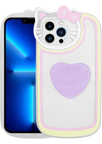 Apple iPhone 12 Pro Max Uyumlu Kedi Figürlü Transparan Pop Soketli Ritmik Kapak-Lila