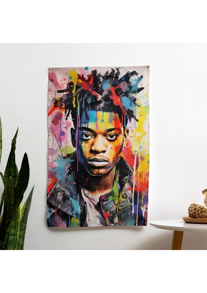 Basquiat'tan Esinlenen Kanvas Baskı Duvar Örtüsü - Pamuk Arka, Polyester Ön - Canlı Renkler,