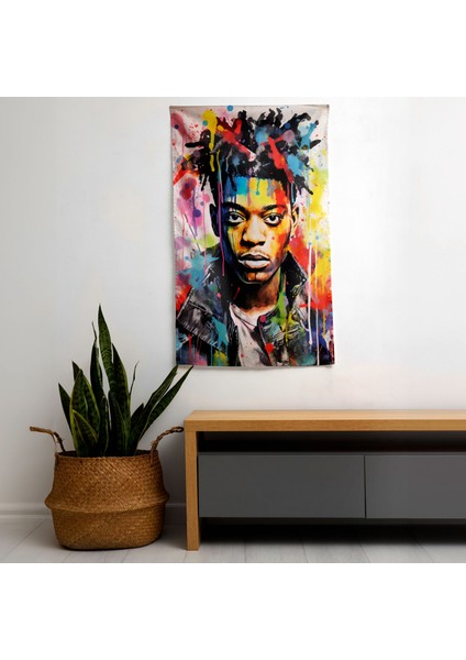 Basquiat'tan Esinlenen Kanvas Baskı Duvar Örtüsü - Pamuk Arka, Polyester Ön - Canlı Renkler,
