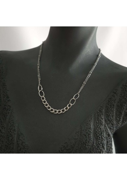 Çelik Gümüş Renk Kadın Zincir Kolye