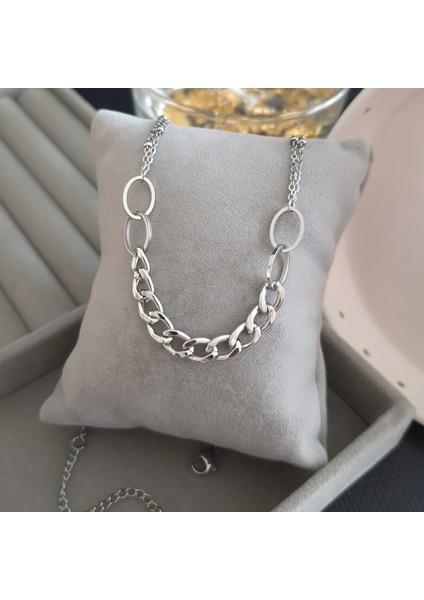 Çelik Gümüş Renk Kadın Zincir Kolye modelleri