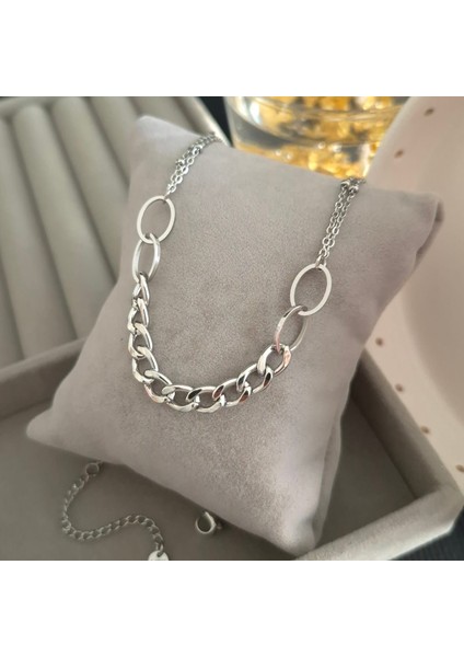 Çelik Gümüş Renk Kadın Zincir Kolye fırsatları