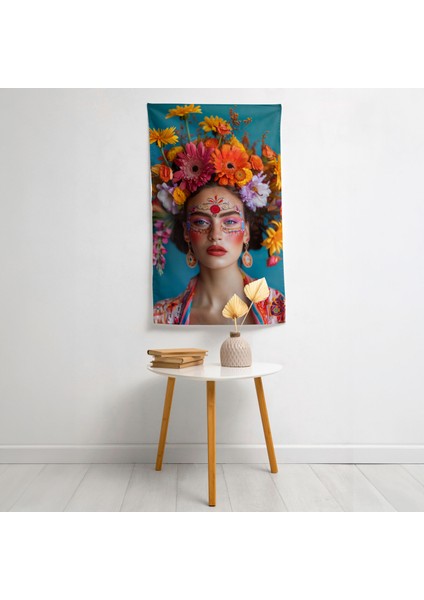 Modern Frida Kahlo Tarzı Duvar Sanatı Duvar Örtüsü - Pamuk Sırt, Polyester Ön - Canlı