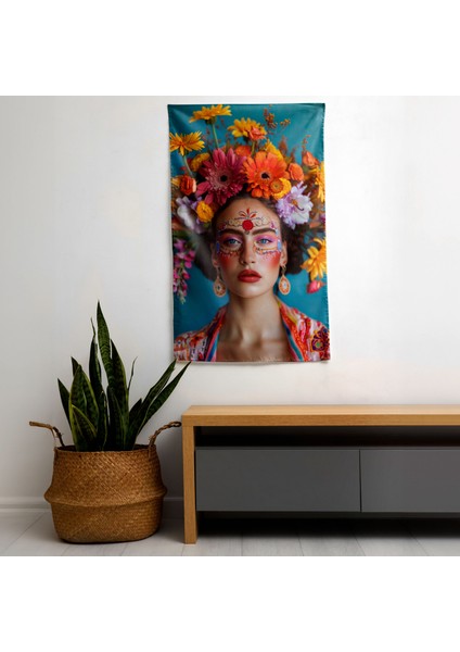 Modern Frida Kahlo Tarzı Duvar Sanatı Duvar Örtüsü - Pamuk Sırt, Polyester Ön - Canlı