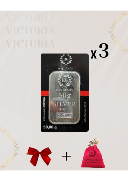 Sertifikalı 3 Adet 50 gr Külçe Gümüş 999 Ayar