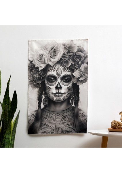 Los Muertos Geleneği Duvar Örtüsünin Gerçekçi Kömür Çizimi - Pamuk Sırt, Polyester Ön