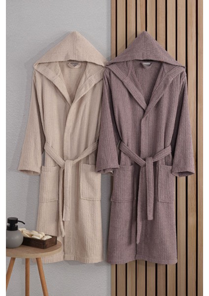 Çizgili Kapüşonlu Pamuk Bornoz Takımı, Unisex, Gülkurusu Bej, 2'li Set