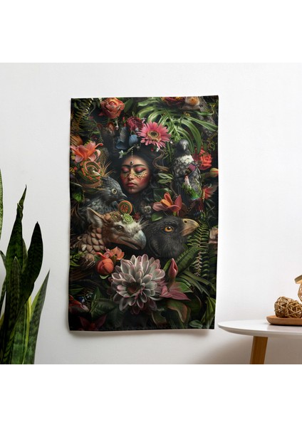Frida Kahlo Tarzı Modern Sanat Duvar Örtüsü - Pamuk Arka, Polyester Ön - Canlı Renkler,