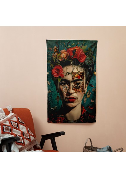 Frida Kahlo Tarzı Duvar Örtüsü - Pamuk Sırt, Polyester Ön - Canlı Süblimasyon Baskı -