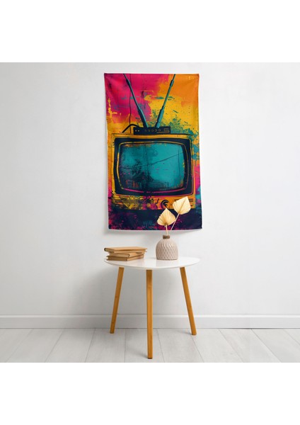 Popart Tarzı Retro Televizyon Tasarımlı Duvar Örtüsü - Pamuk Sırtlı, Canlı Renkler, Hafif