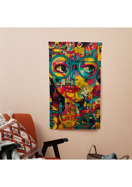 Popart Tarzı Duvar Örtüsü - Pamuk Sırt, Polyester Ön - Canlı Renkler, Hafif Kumaş - Yatak