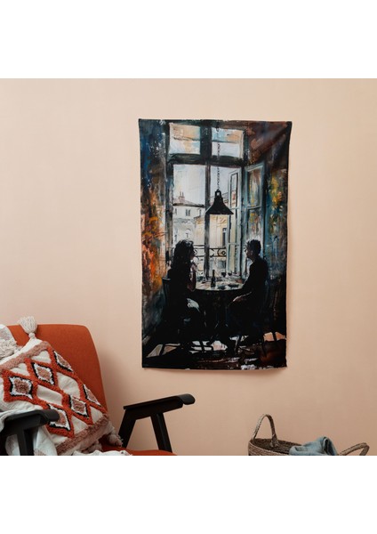 Pencereden Modern Sanat Çifti Konuşma Duvar Örtüsü - Canlı Ranforce Kumaş, Süblimasyon Baskı
