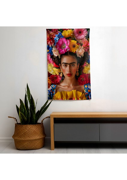 Frida Kahlo Tarzı Duvar Örtüsü - Pamuk Sırt, Polyester Ön - Canlı Renkler - Yatak Odası,