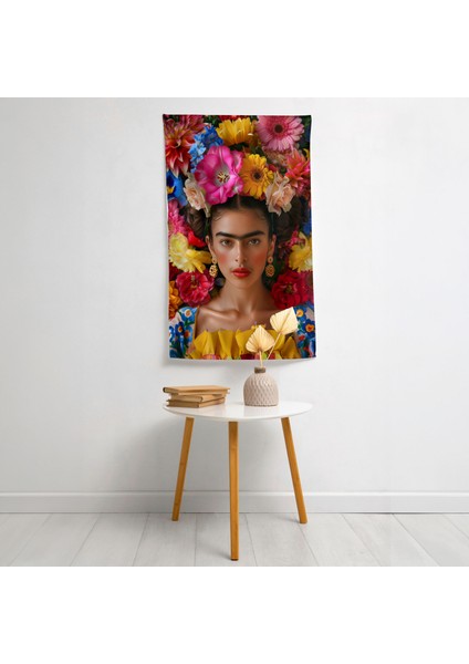 Frida Kahlo Tarzı Duvar Örtüsü - Pamuk Sırt, Polyester Ön - Canlı Renkler - Yatak Odası,