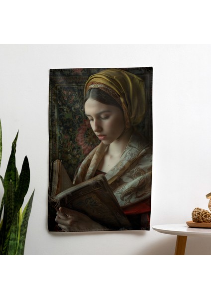 Duvar Örtüsü - Vermeer'in Kitaplı Kadın Tablosu - Pamuk Sırt ve Polyester Ön - Canlı