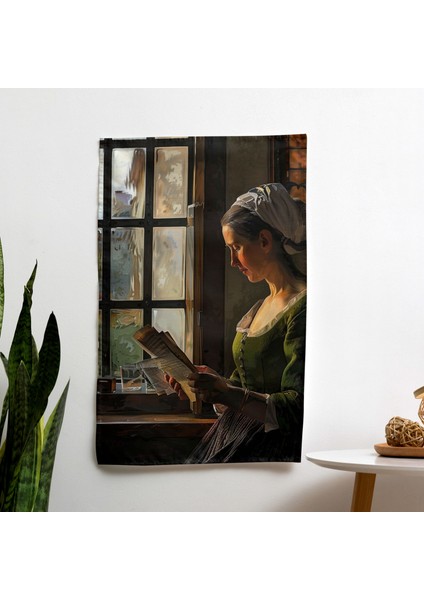 Mektup Okuyan Gerçekçi Kadın Duvar Örtüsü - Pamuk Sırtlı Süblimasyon Baskı - Yatak Odası