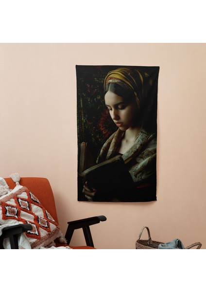 Duvar Örtüsü - Vermeer'in Kitaplı Kadın Tablosu - Pamuk Sırt ve Polyester Ön - Canlı