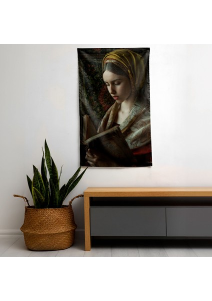 Duvar Örtüsü - Vermeer'in Kitaplı Kadın Tablosu - Pamuk Sırt ve Polyester Ön - Canlı