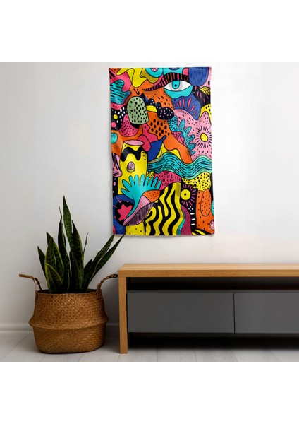 Popart Tarzı Eğlenceli Karalamalar Duvar Örtüsü | Arkası Pamuk, Önü Polyester | Canlı