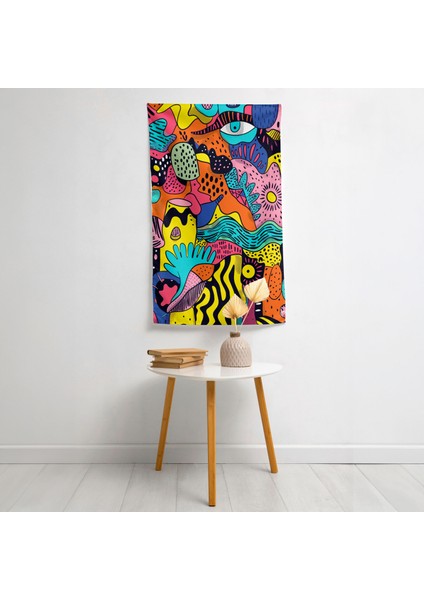 Popart Tarzı Eğlenceli Karalamalar Duvar Örtüsü | Arkası Pamuk, Önü Polyester | Canlı