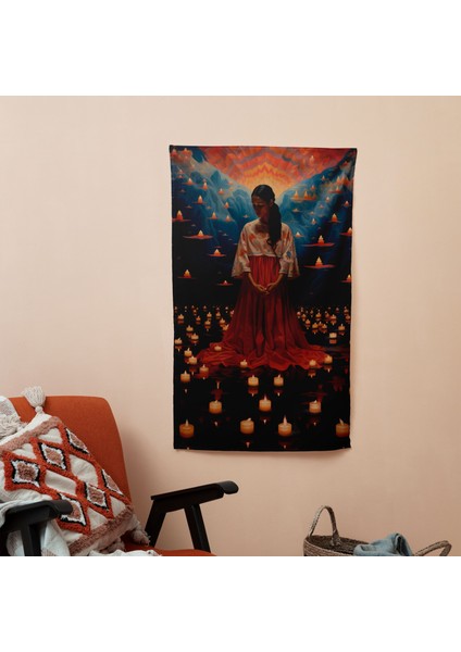 Ölülerin Günü Papel Picado Duvar Örtüsü - Süblimasyon Baskılı Canlı Ranforce Kumaş Dekoratif